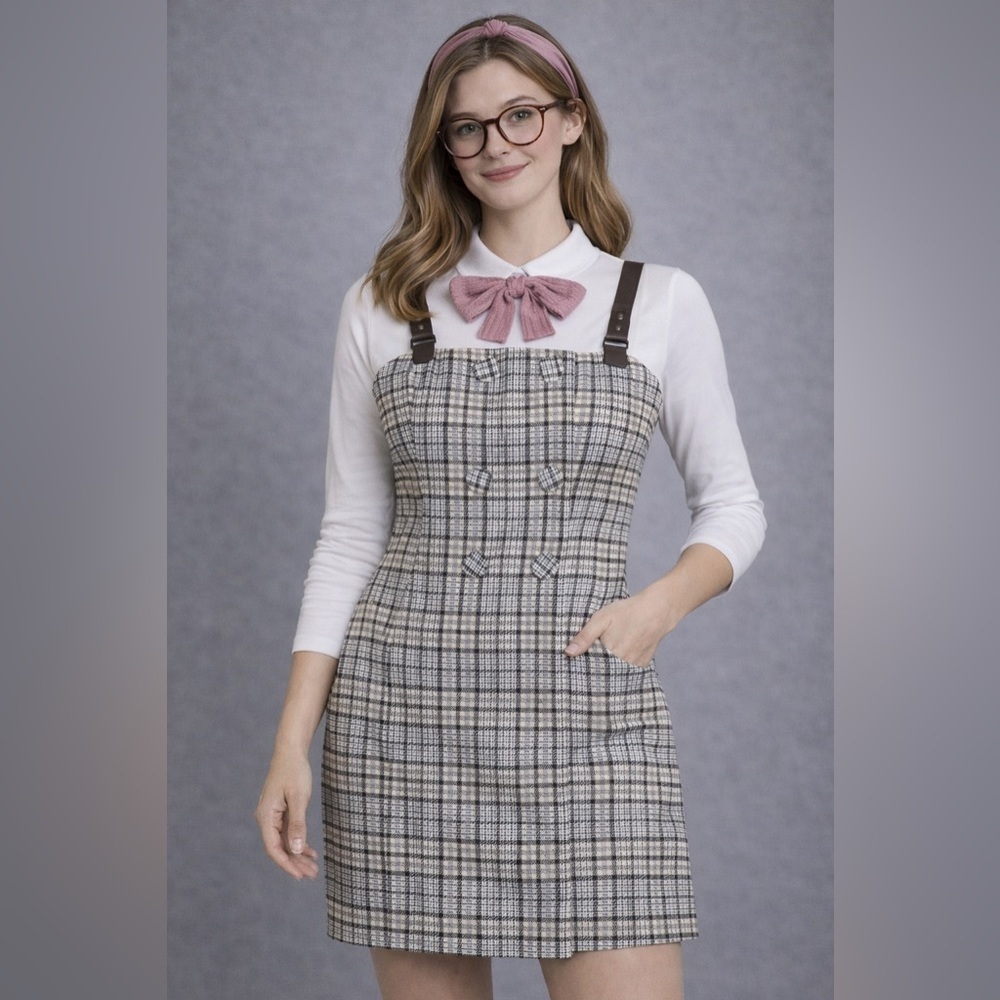 LEDIN Wool Blend Plaid Pinafore Dress L | Preppy Dark Academia Suspender Dress